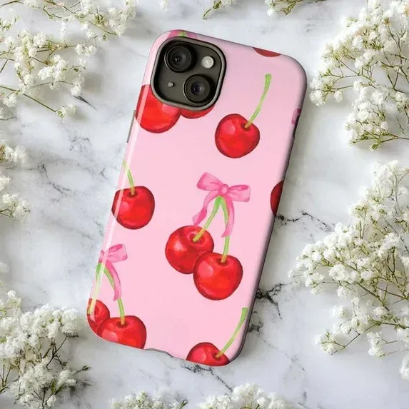 Cherry Pattern Phone Case, Cute Pink Aesthetic iPhone Cover with Red Cherries & Bow Illustration