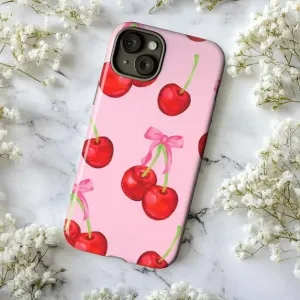 Cherry Pattern Phone Case, Cute Pink Aesthetic iPhone Cover with Red Cherries & Bow Illustration
