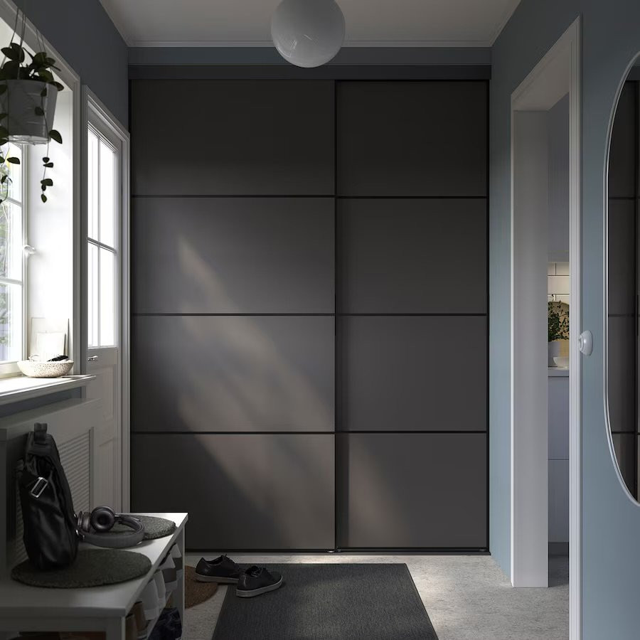 Garderober s kliznim vratima, crna dvostrano/Mehamn tamnosiva, 177x65x240 cm