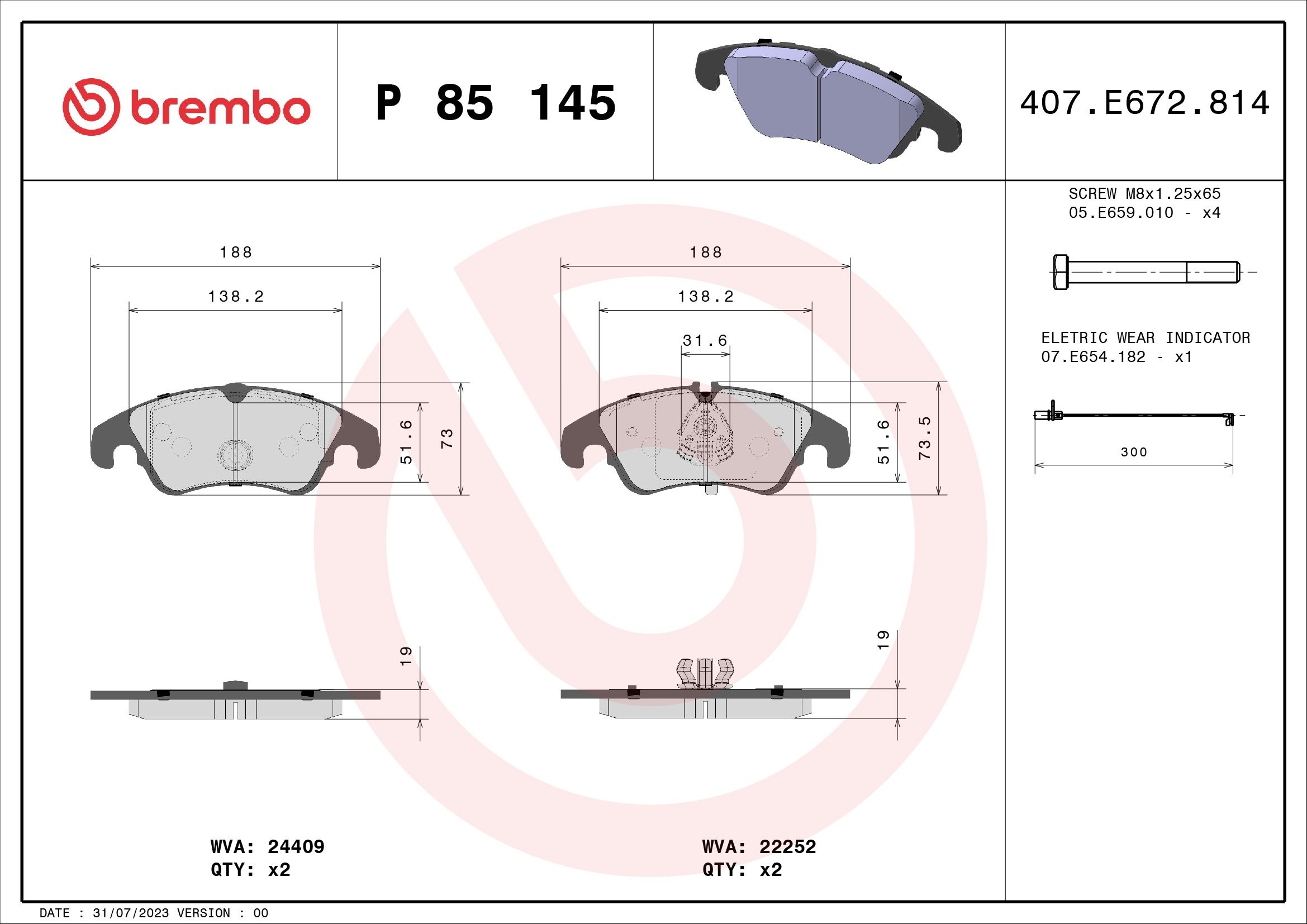 PREDNJE KOČIONE PLOČICE - BREMBO - P 85 145