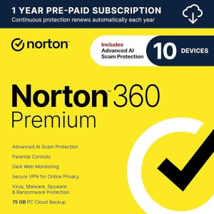 Norton 360 Premium 2025, Antivirus software for 10 Devices with Auto-Renewal 