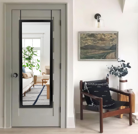 NeuType 44" x 16" Over The Door Mirror Full Length Mirror Door Mirror Hanging with 2 Metal Hangers for Bedroom Living Room Bathroom Black