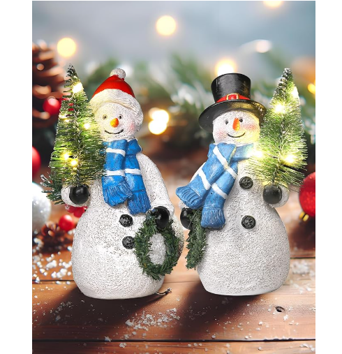 Duo 5'' Resin Snowman Figurines with Lighted Christmas Tree Wreath